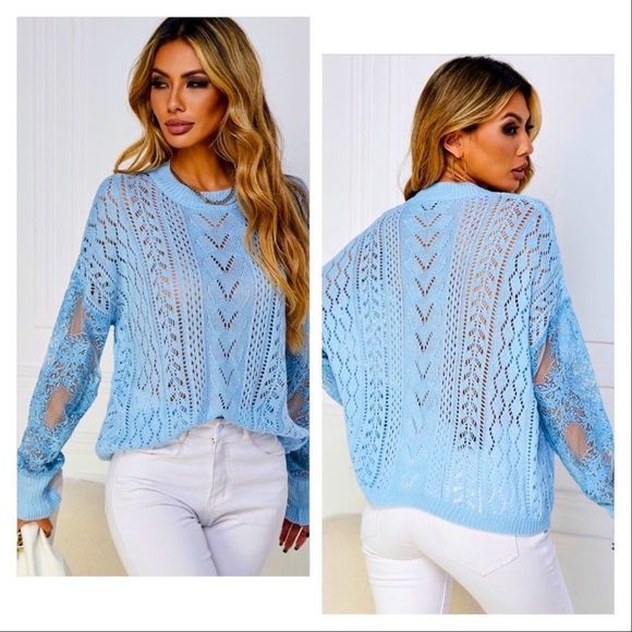 HP!! 💜💜 NWT! CONTRAST LACE POINTELLE KNIT DROP SHOULDER SWEATER IN BABY BLUE! - Picture 10 of 11